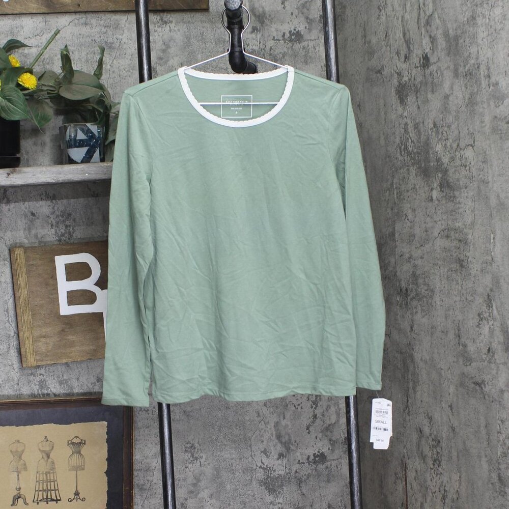 Charter Club Womens Knit Long Sleeve Pajama Shirt Top Winter Tree Toss Green S